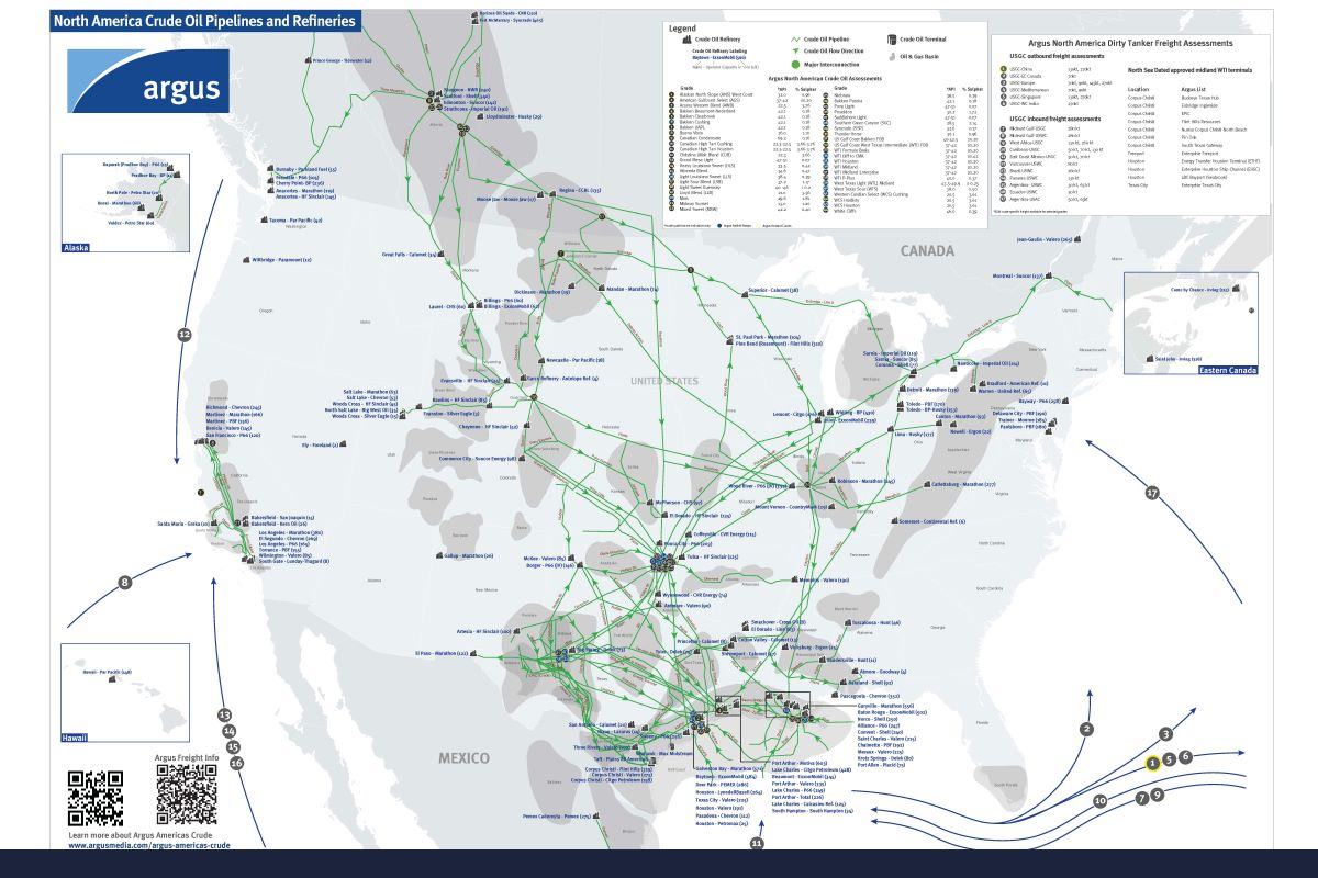 Crude oil pipeline and refinery maps